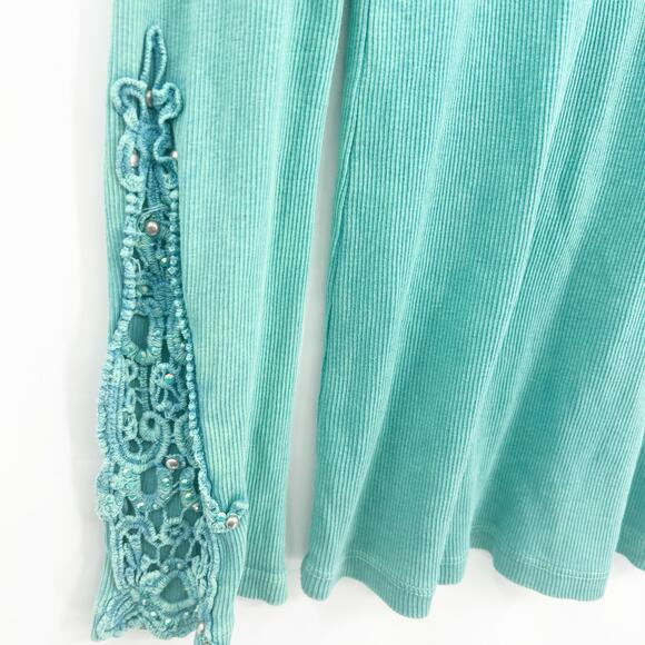 How Cute Womens VTG Vintage Y2K Rhinestone‎ Crochet Rib Long Sleeve Henley Top L - Picture 2 of 6